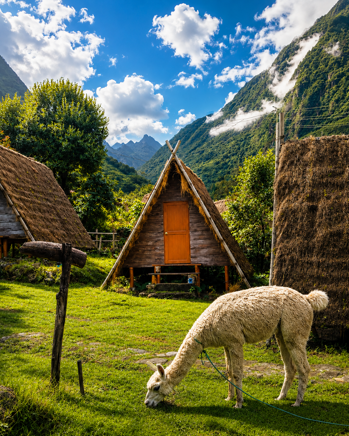 Cabaña con llama y cielo azul